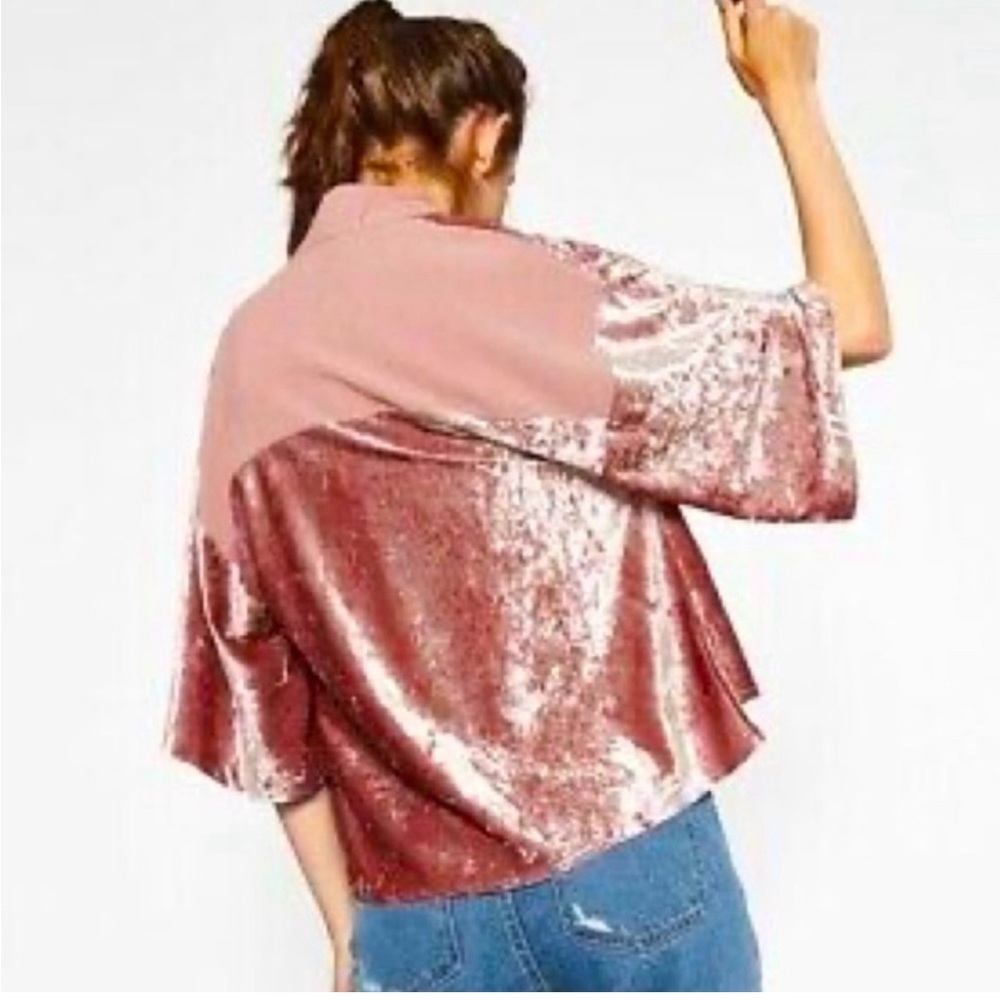 ZARA โ๏ธ๐โ๏ธ Velvet Kimono Sleeve Cardigan Cropped Crop Top Shimmery Luxury Feel - Picture 8 of 16